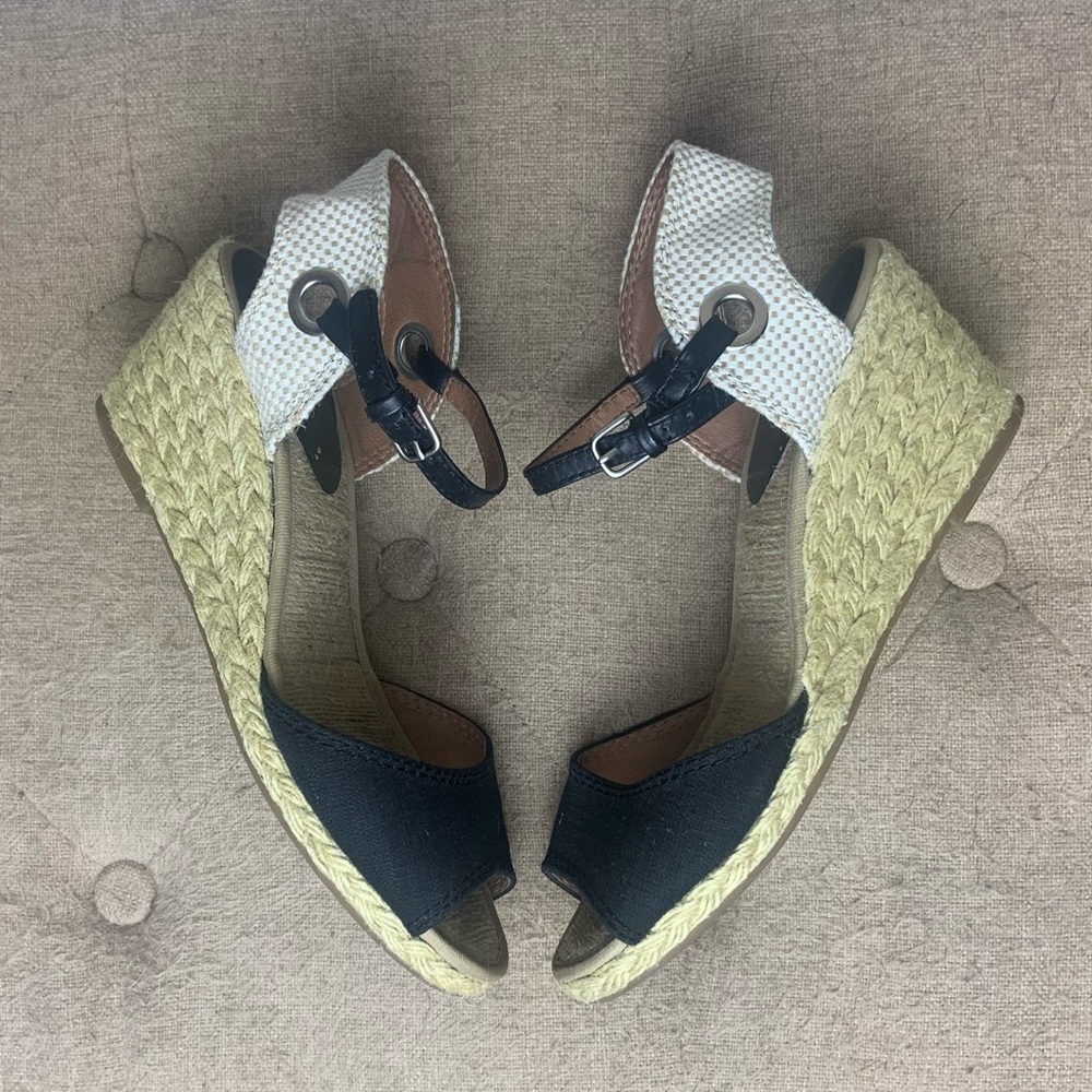 Lucky Brand Black/Tan Kyndra Espadrille Rope Wedge Sandal Heels